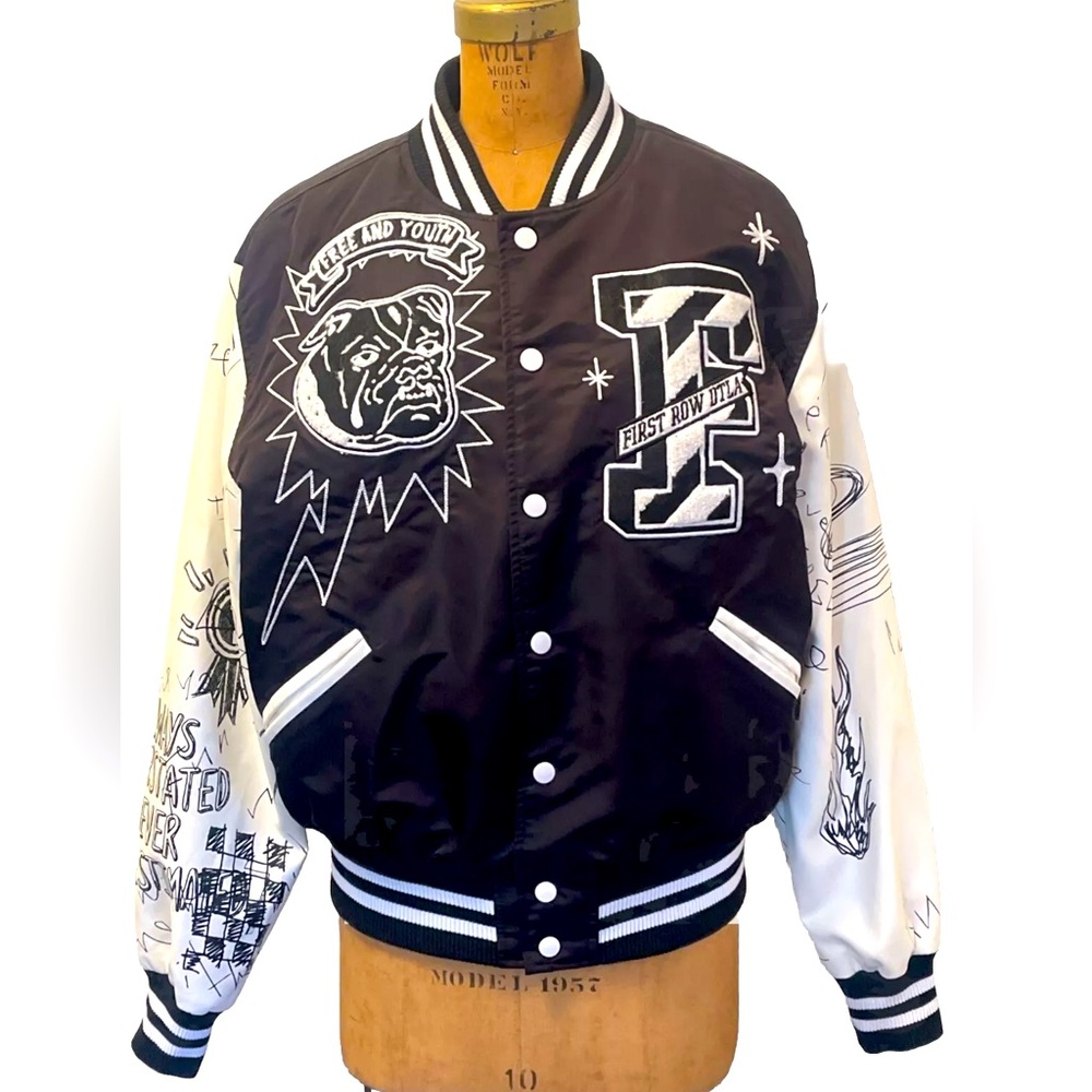 First Row BULLDOG VARSITY JACKET Black White Mens Size Large